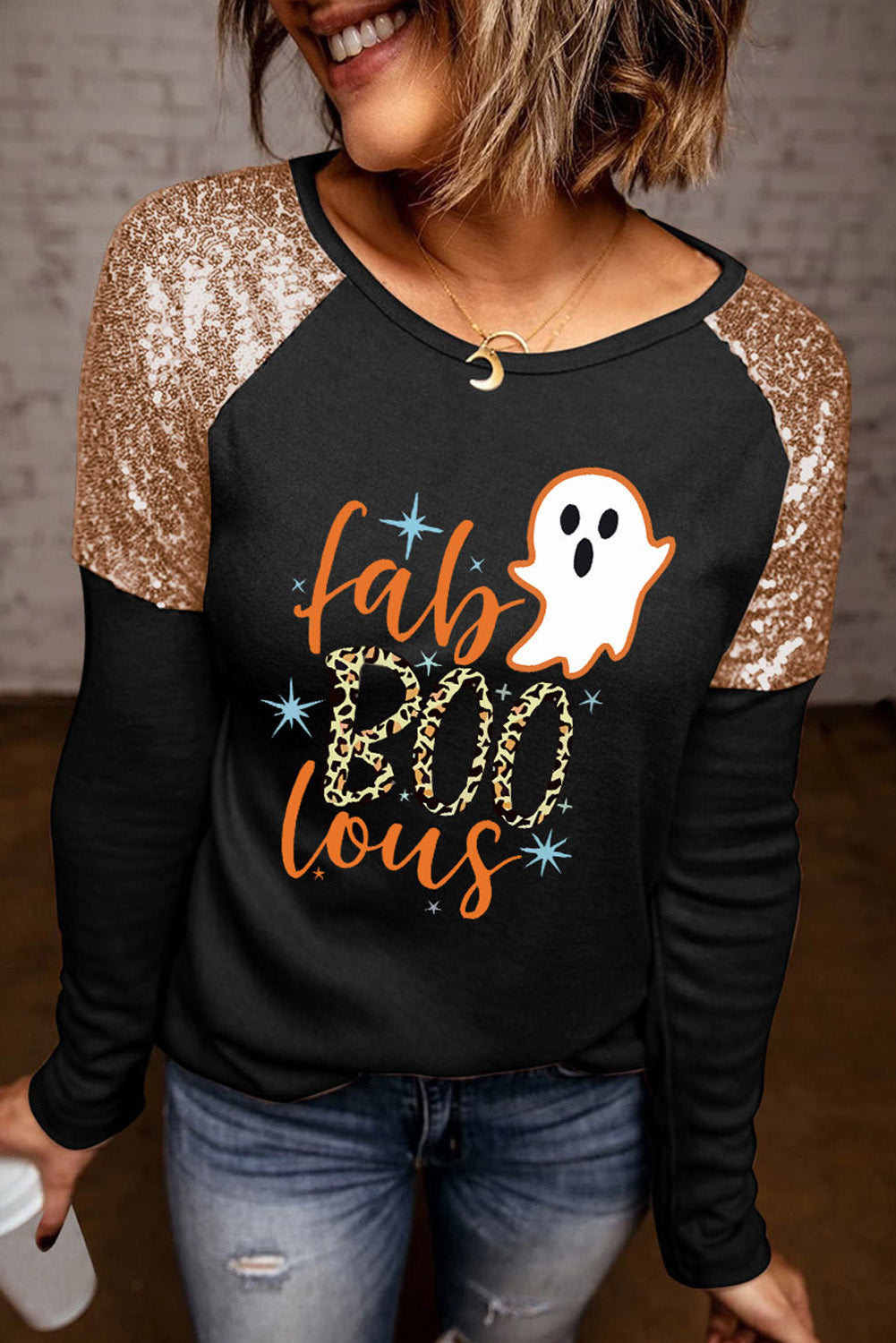 Ghost Graphic Sequin Long Sleeve T-Shirt BLUE ZONE PLANET