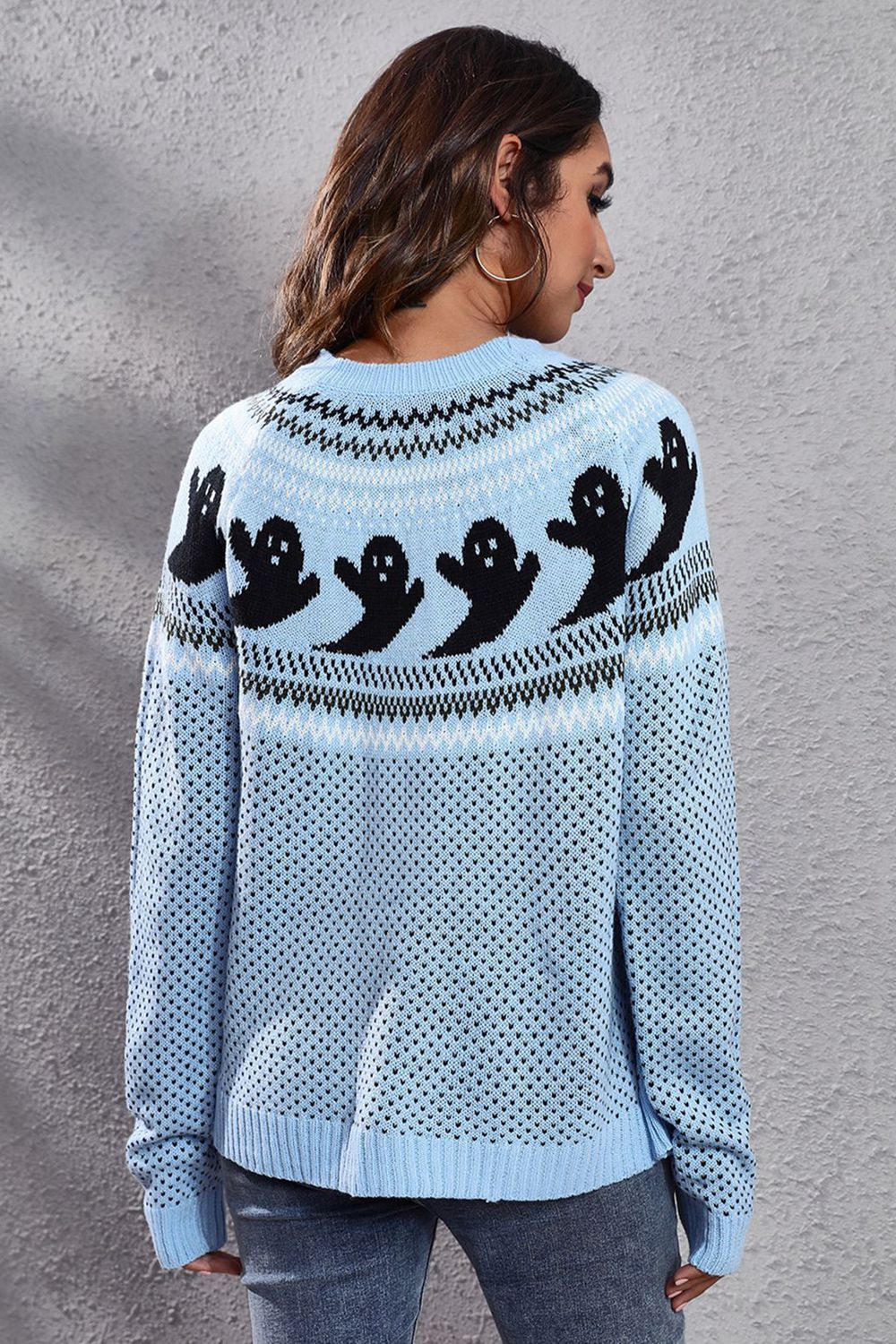 Ghost Pattern Round Neck Long Sleeve Sweater BLUE ZONE PLANET