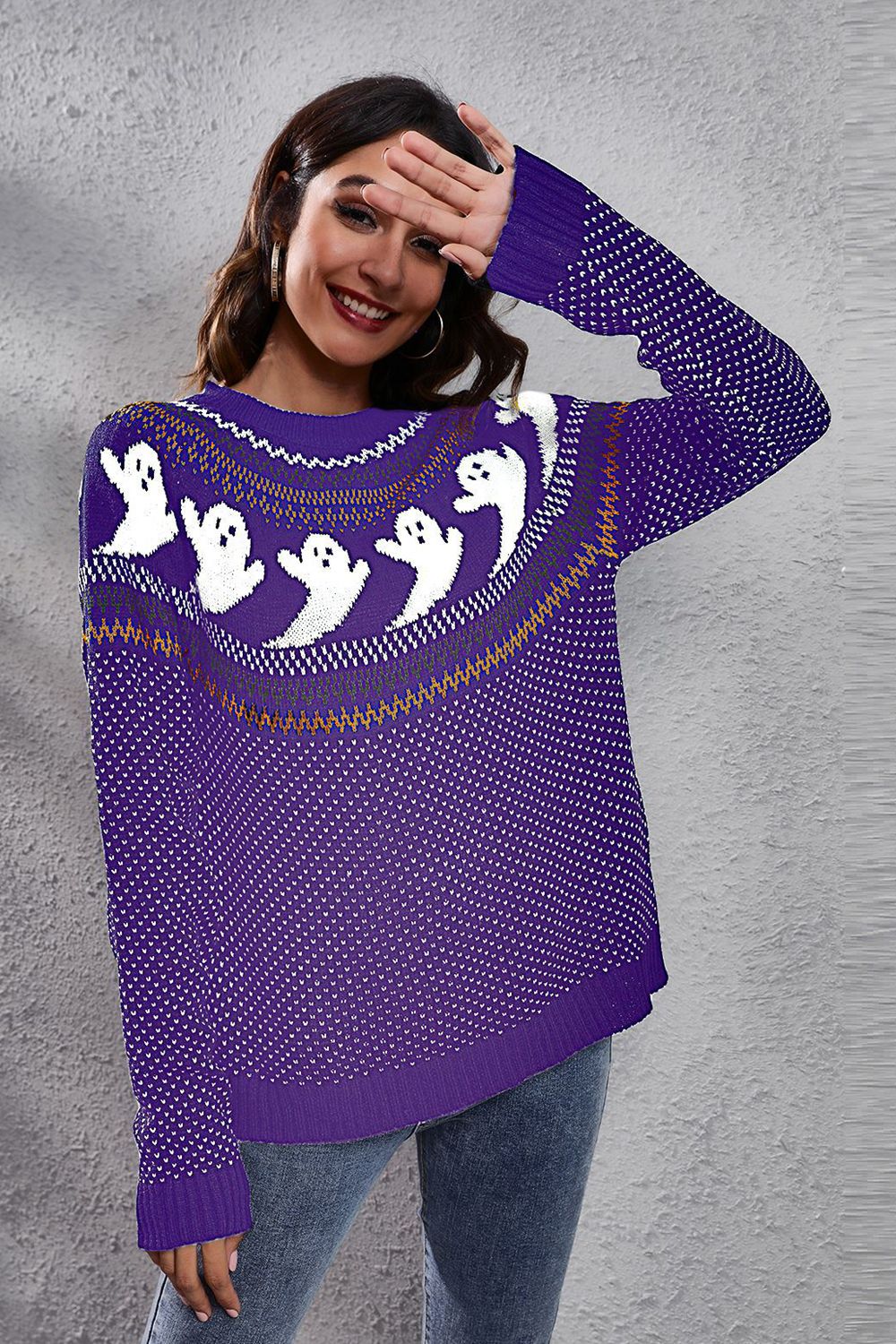 Ghost Pattern Round Neck Long Sleeve Sweater BLUE ZONE PLANET