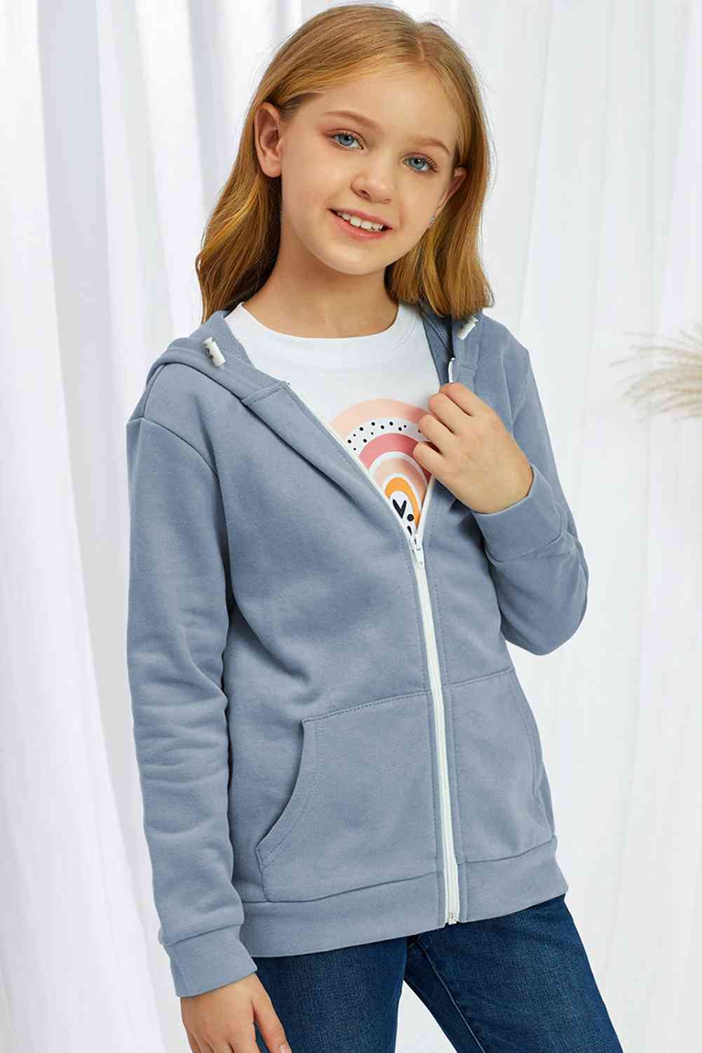 Girls Zip-Up Drawstring Hooded Jacket with Pockets BLUE ZONE PLANET