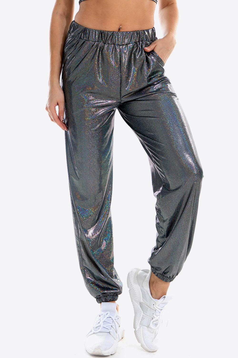 Glitter Elastic Waist Pants with Pockets BLUE ZONE PLANET