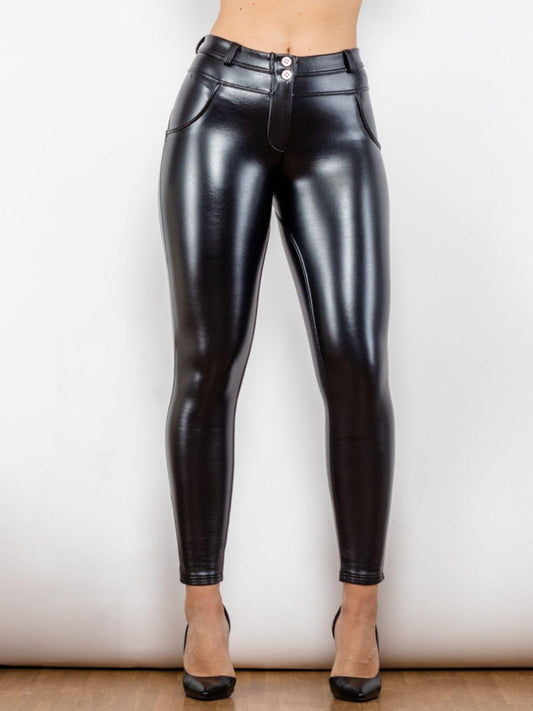 Glossy PU Leather Buttoned Long Pants BLUE ZONE PLANET
