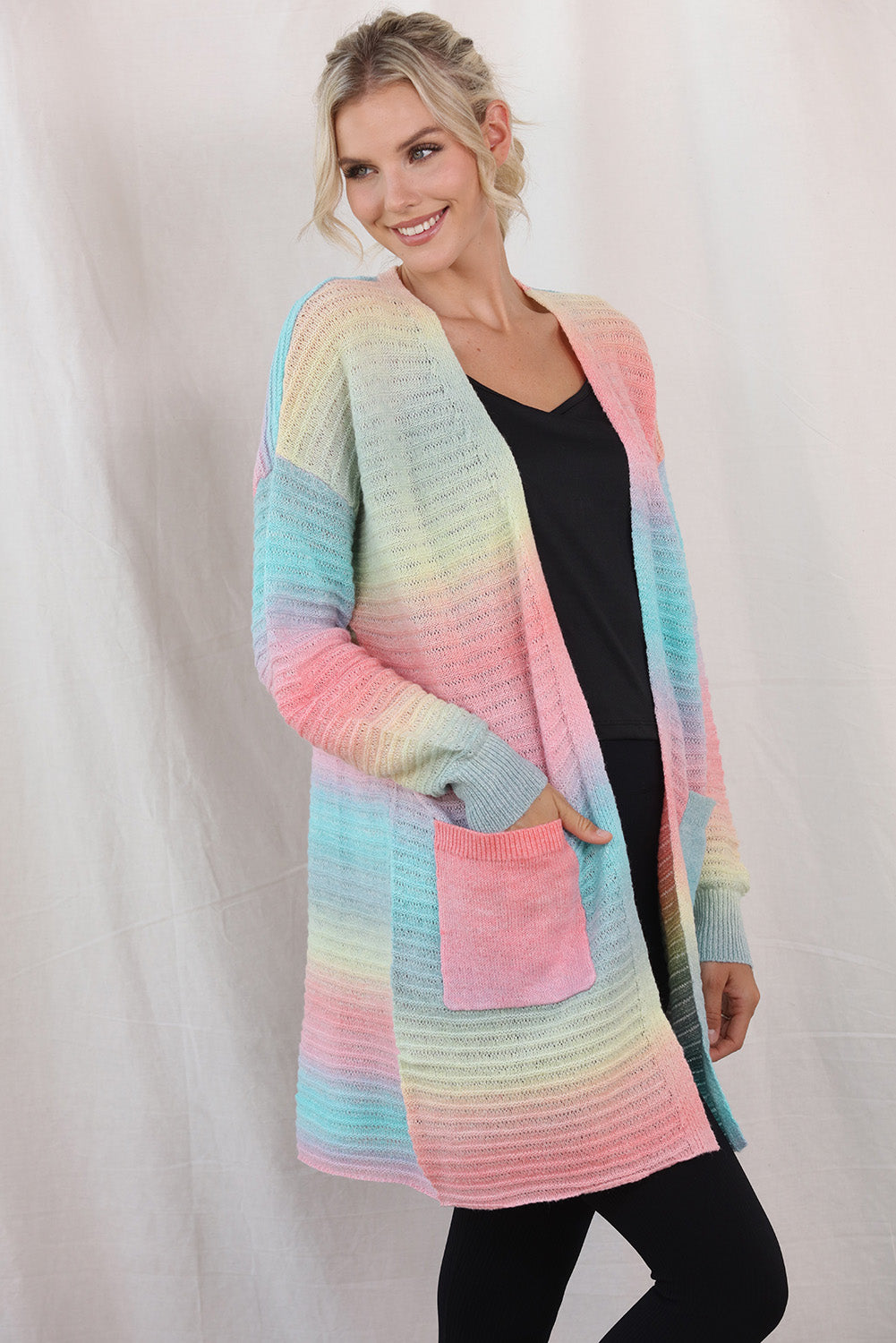 Gradient Dropped Shoulder Longline Cardigan BLUE ZONE PLANET