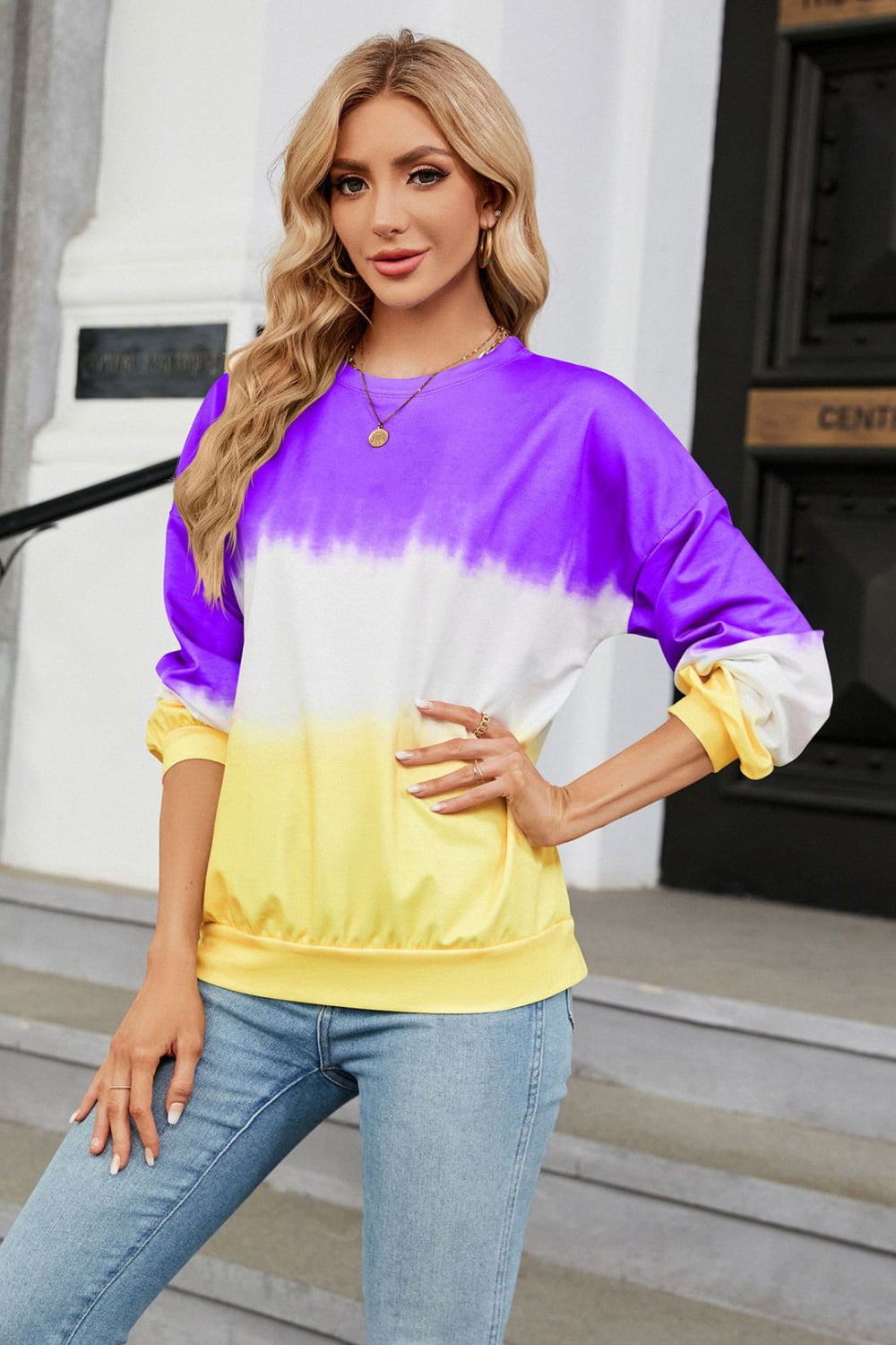 Gradient Round Neck Long Sleeve Sweatshirt BLUE ZONE PLANET