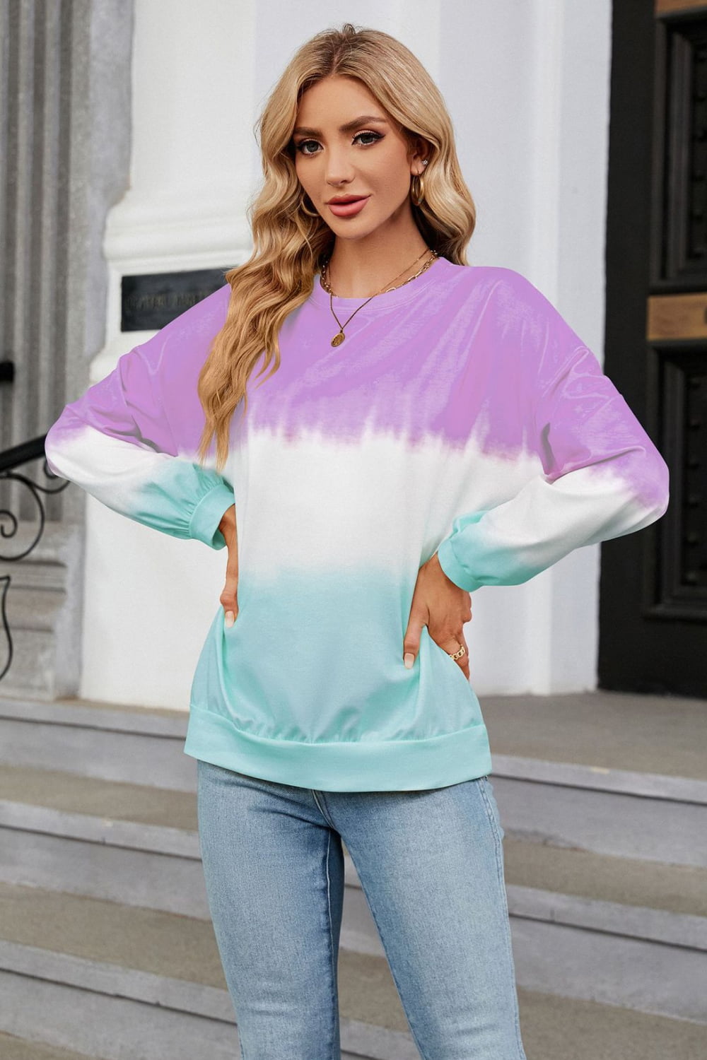 Gradient Round Neck Long Sleeve Sweatshirt BLUE ZONE PLANET