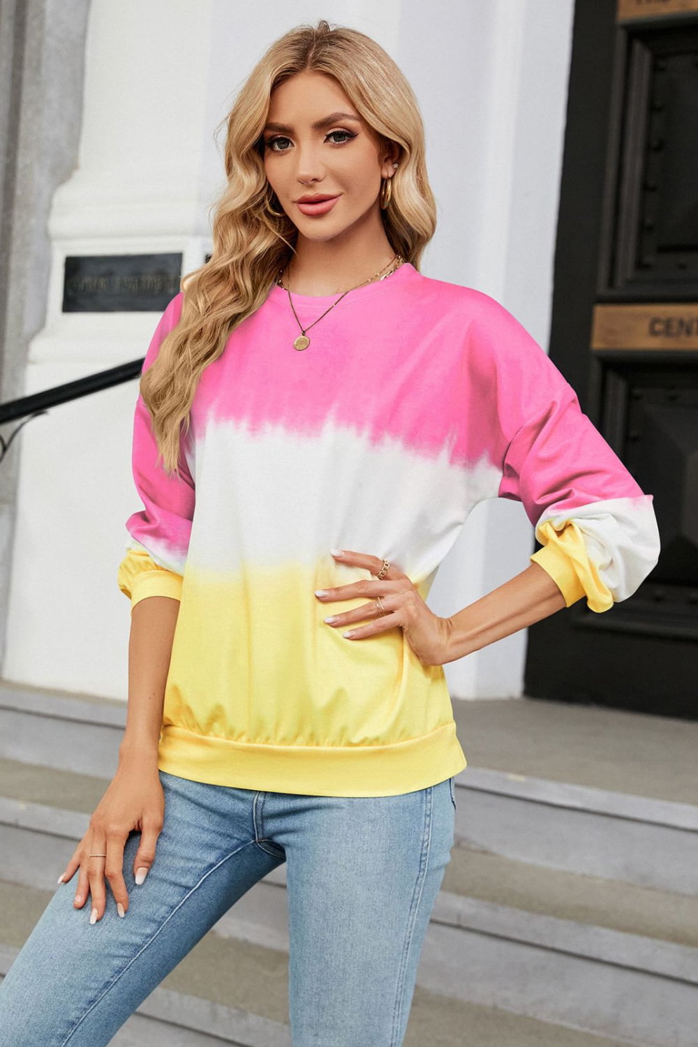 Gradient Round Neck Long Sleeve Sweatshirt BLUE ZONE PLANET