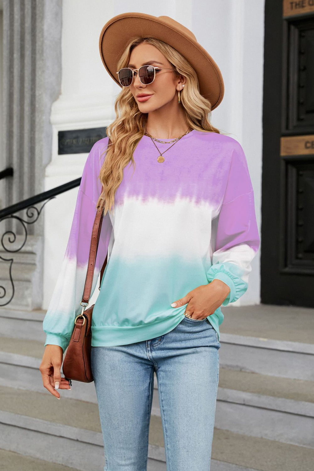 Gradient Round Neck Long Sleeve Sweatshirt BLUE ZONE PLANET