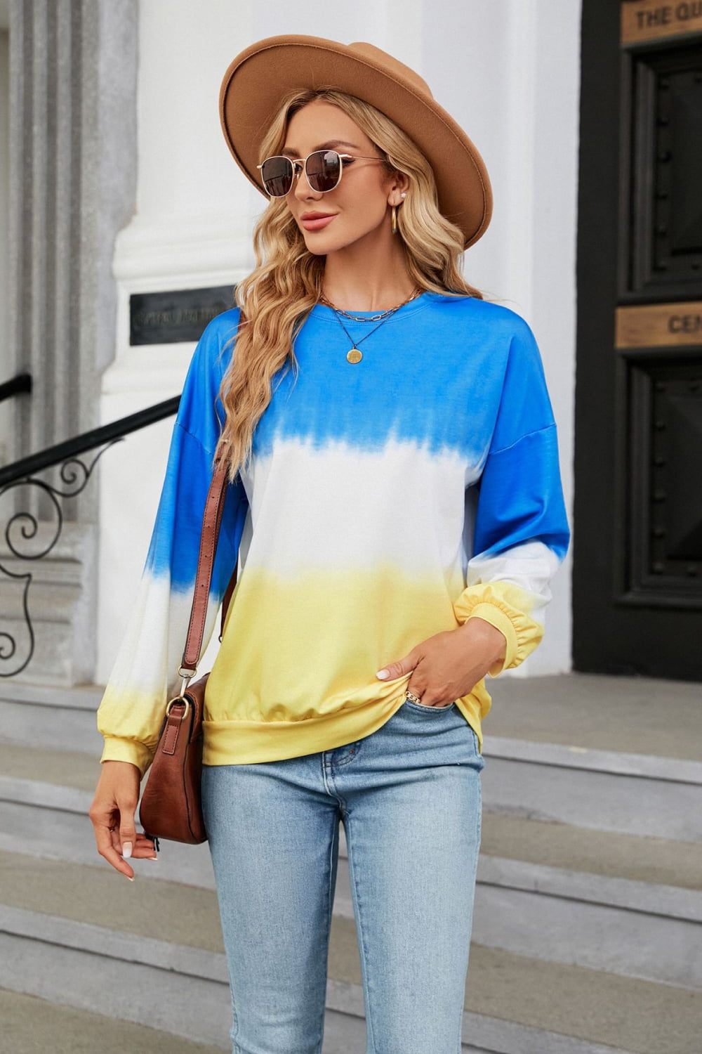 Gradient Round Neck Long Sleeve Sweatshirt BLUE ZONE PLANET