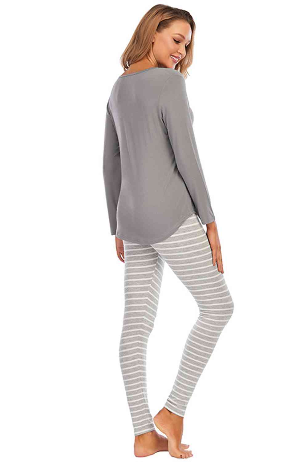 Graphic Round Neck Top and Striped Pants Set BLUE ZONE PLANET