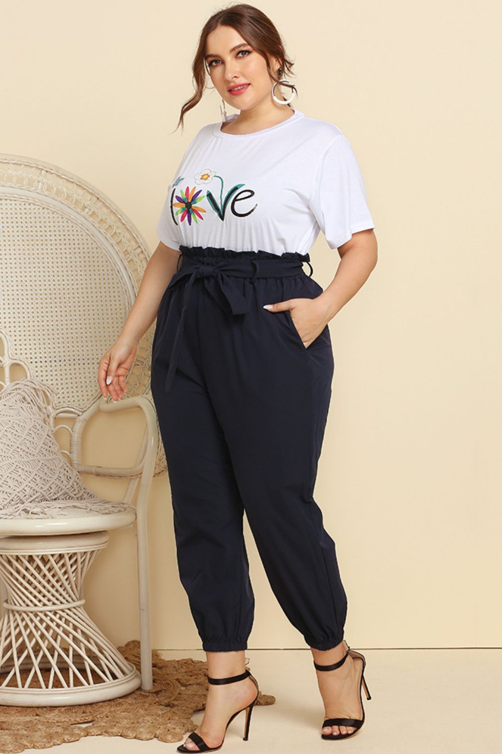 Graphic Tee and Belted Paperbag Joggers Set BLUE ZONE PLANET