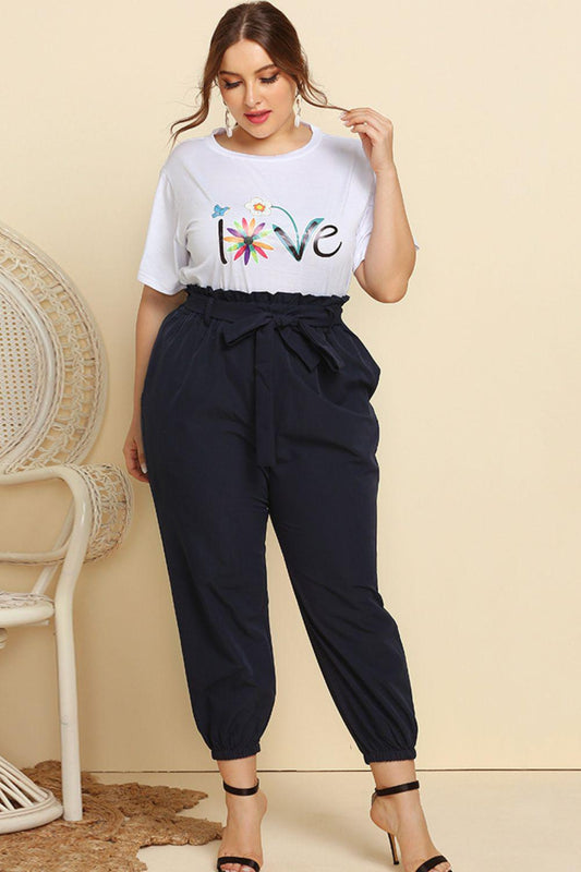 Graphic Tee and Belted Paperbag Joggers Set BLUE ZONE PLANET