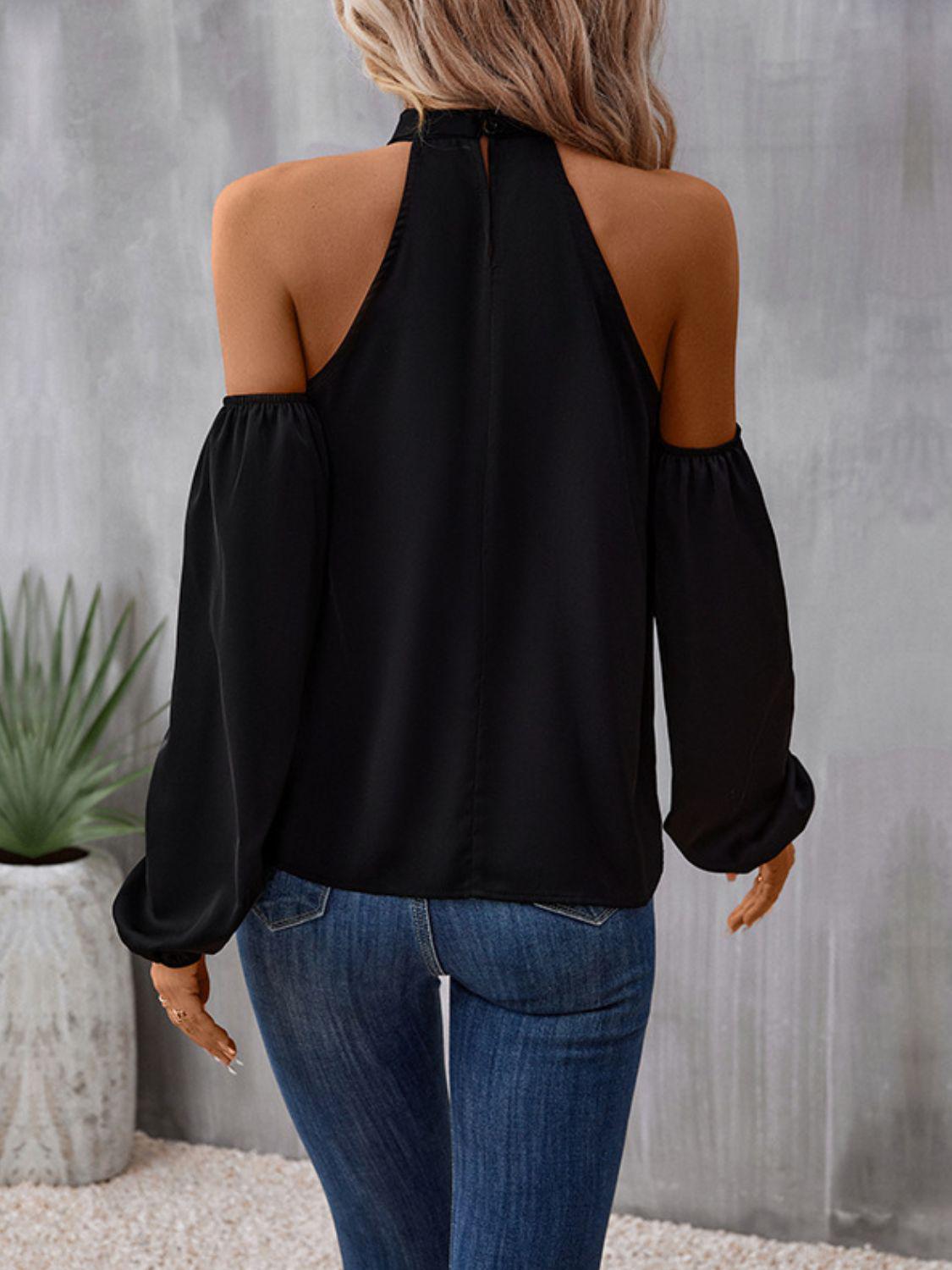 Grecian Cold Shoulder Long Sleeve Blouse BLUE ZONE PLANET