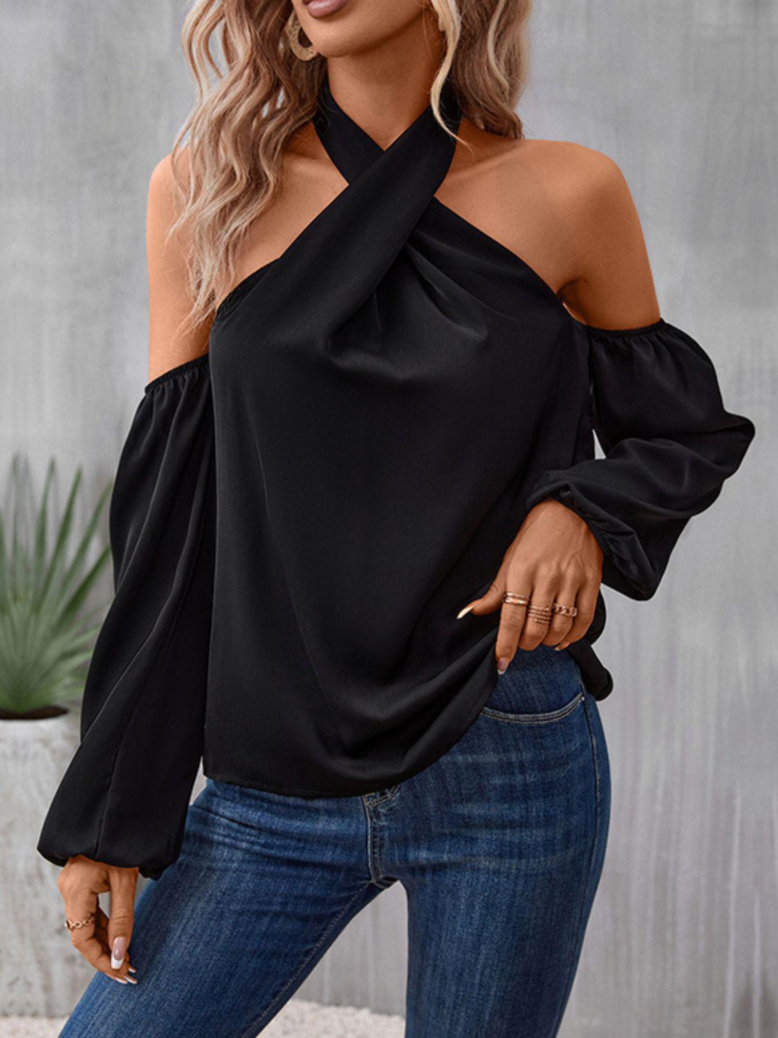 Grecian Cold Shoulder Long Sleeve Blouse BLUE ZONE PLANET