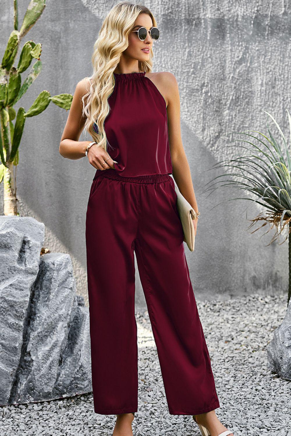 Grecian Neck Sleeveless Pocketed Top and Pants Set BLUE ZONE PLANET