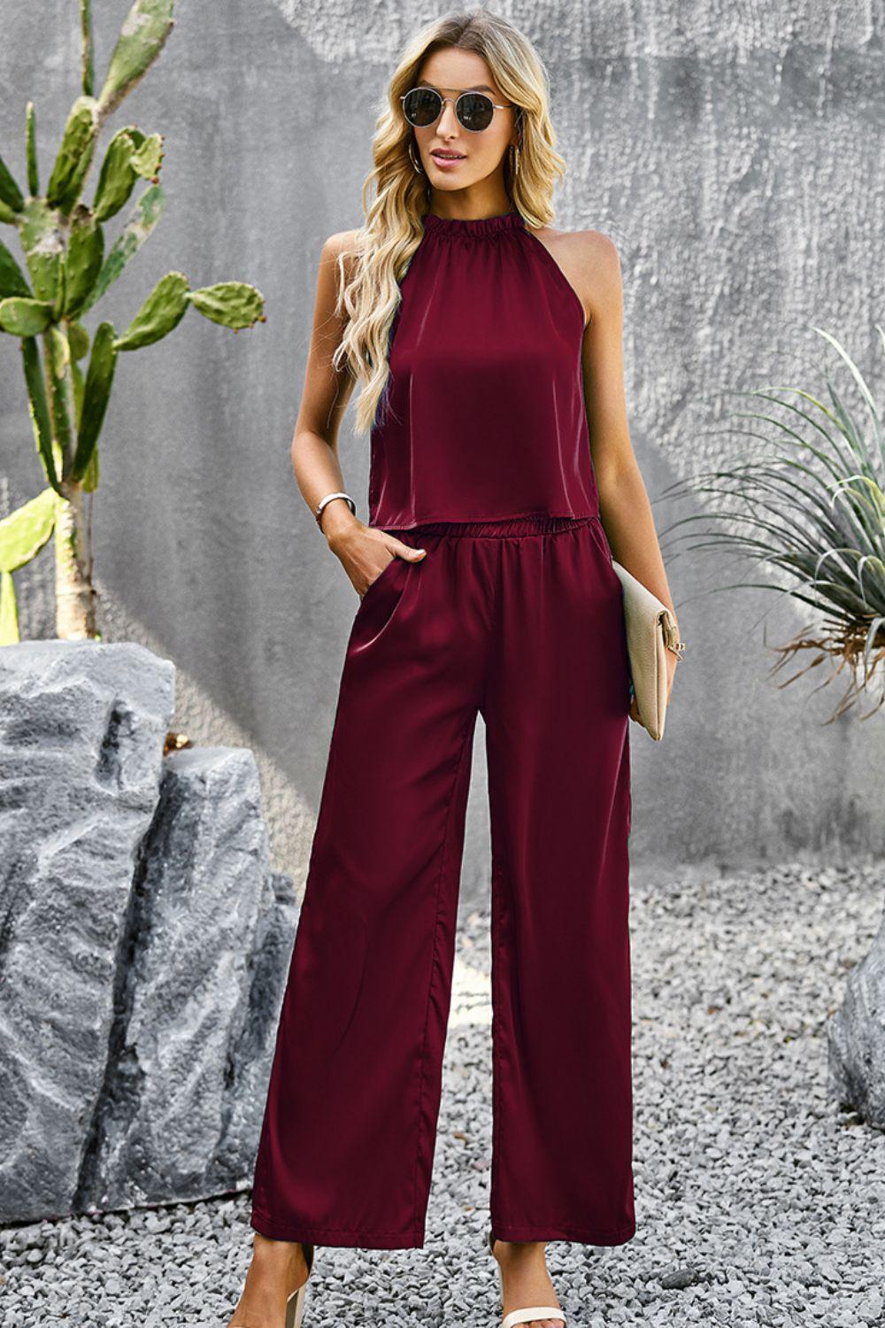 Grecian Neck Sleeveless Pocketed Top and Pants Set BLUE ZONE PLANET