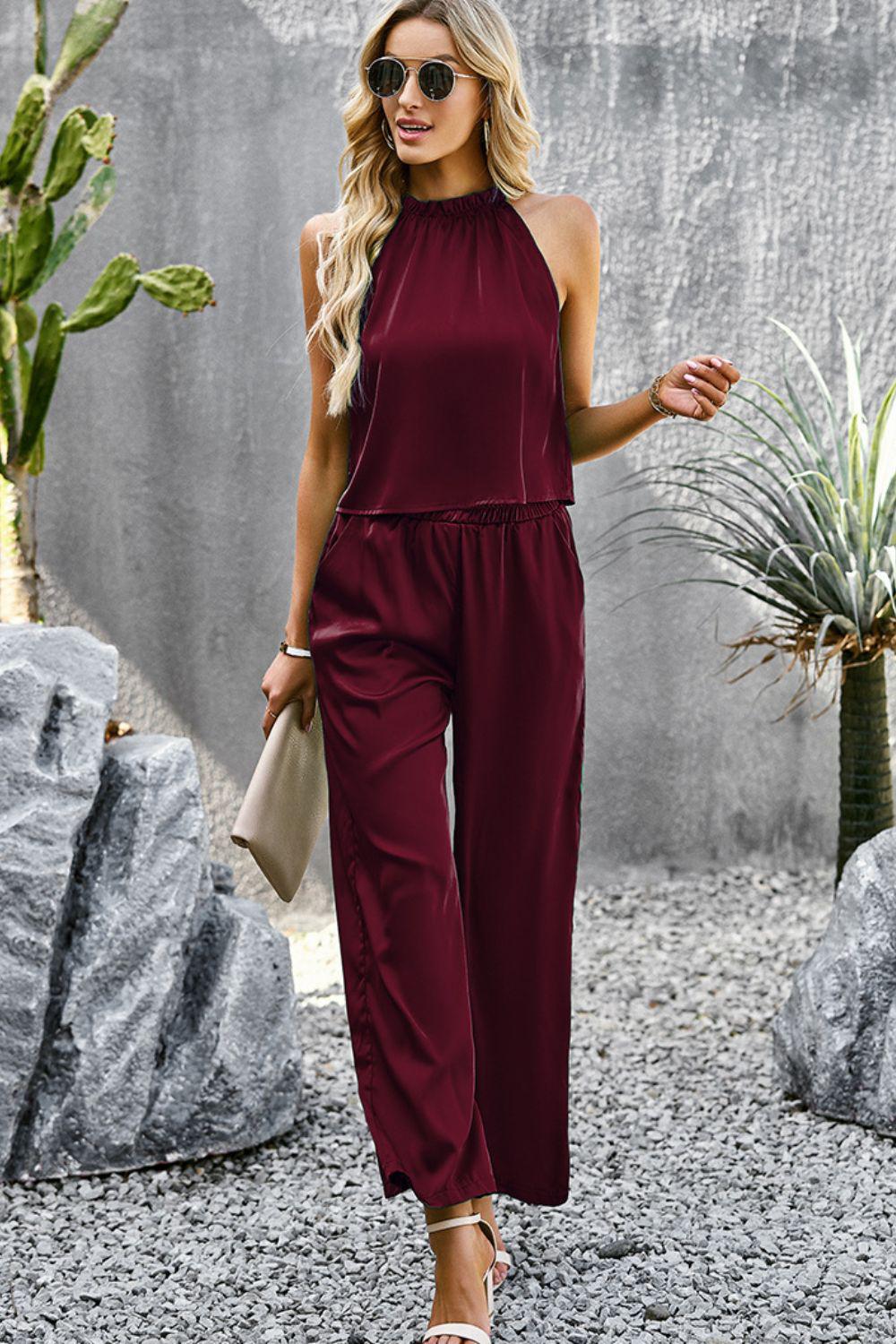 Grecian Neck Sleeveless Pocketed Top and Pants Set BLUE ZONE PLANET