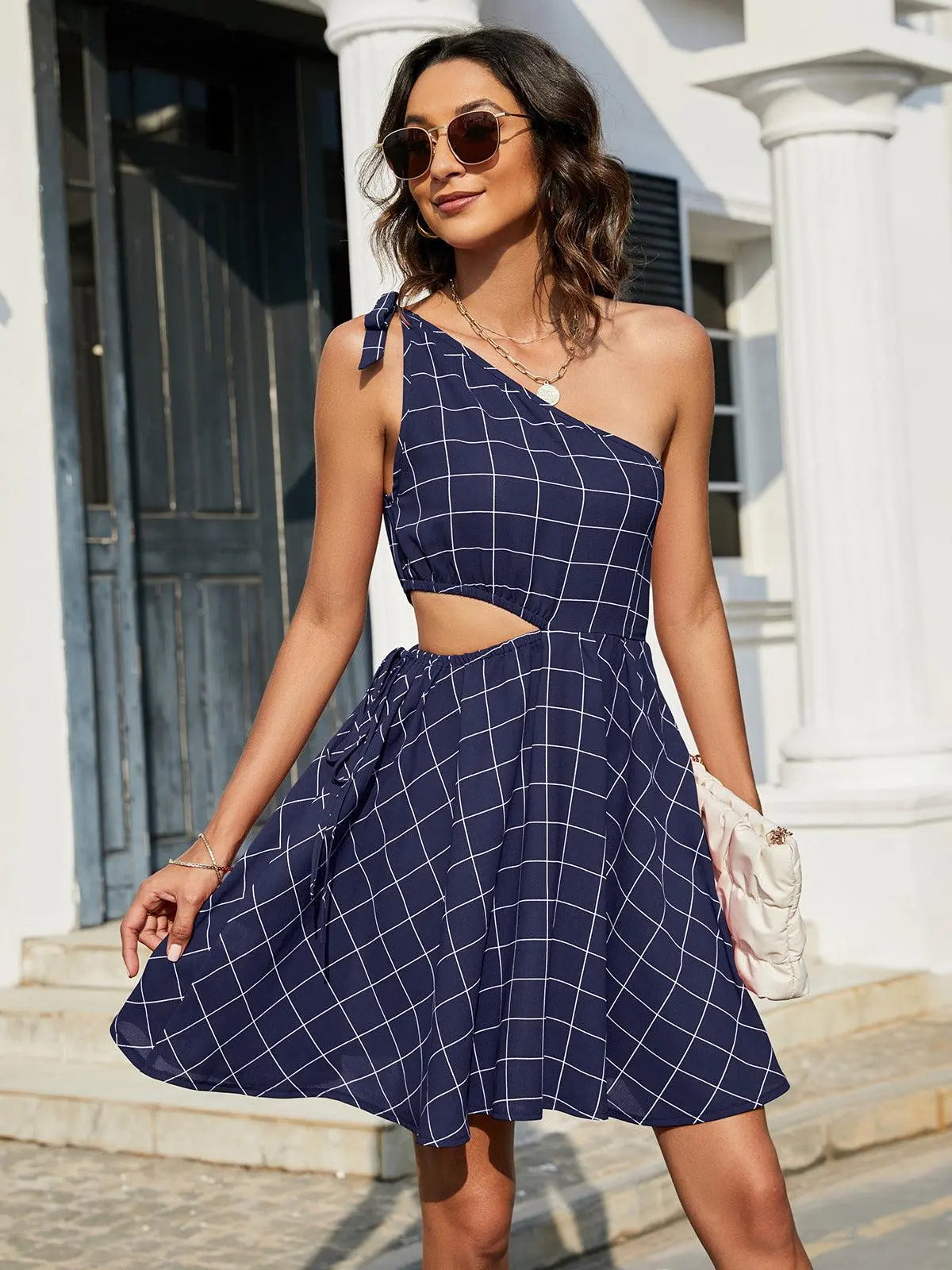 Grid One-Shoulder Tied Cutout Dress BLUE ZONE PLANET