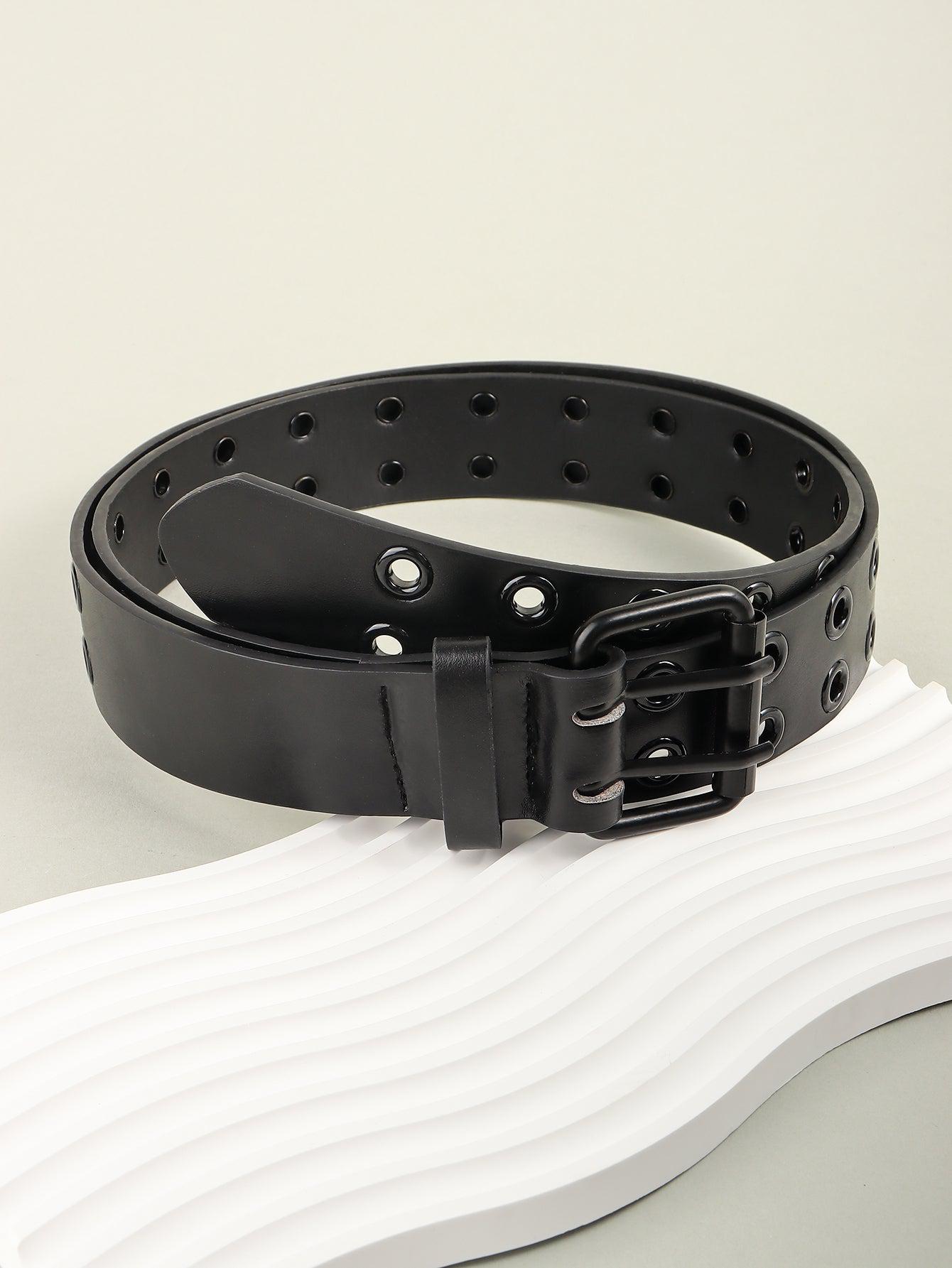 Double Row Star Grommet PU Leather Belt Black / M