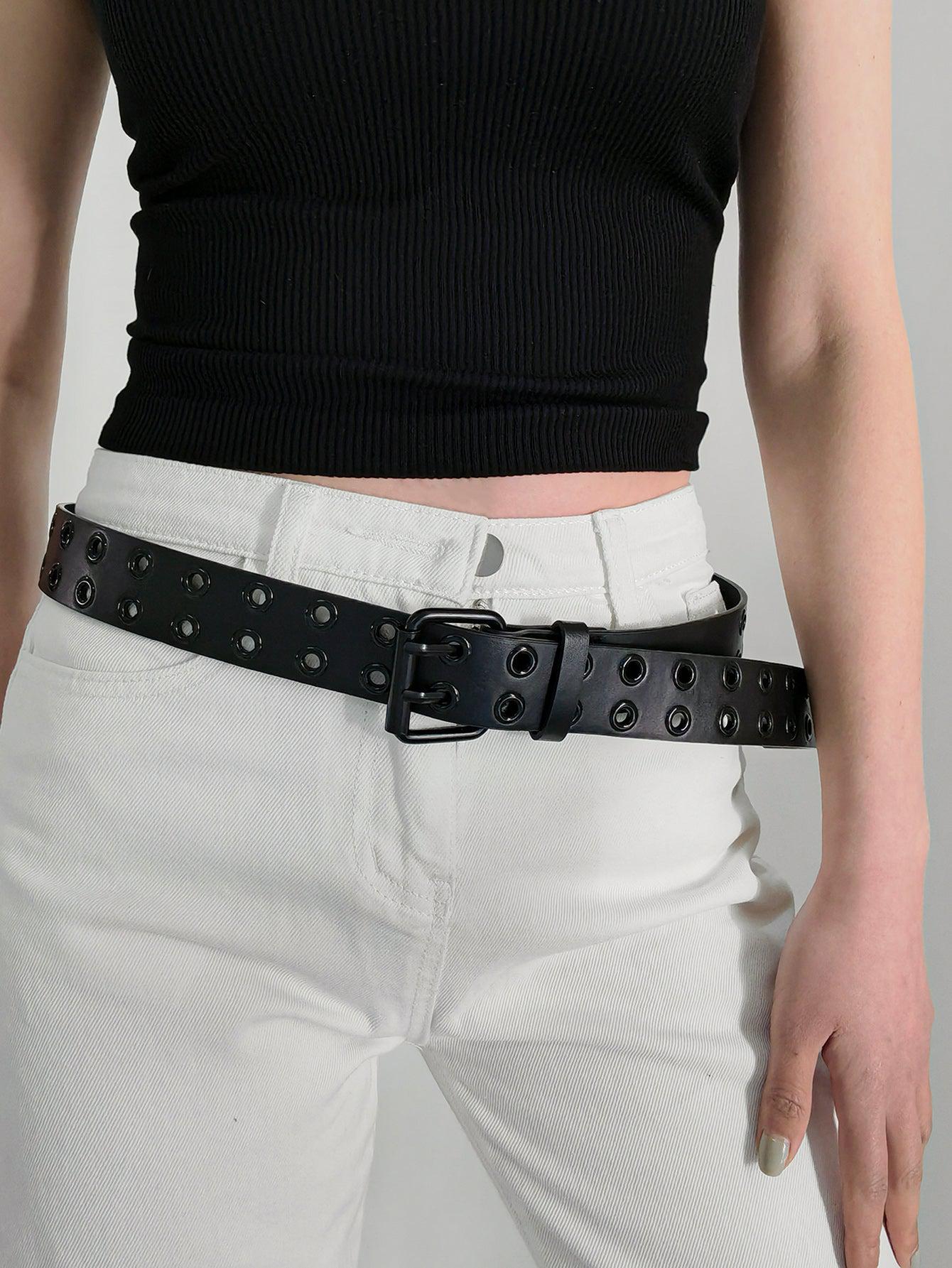 Double Row Star Grommet PU Leather Belt Black / M