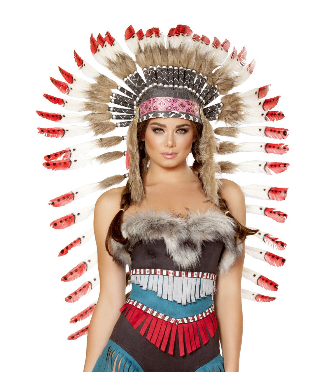 Indian Headdress With Red Tips Costume-TOPS / DRESSES-[Adult]-[Female]-Brown/White/Red-O/S-2022 Online Blue Zone Planet