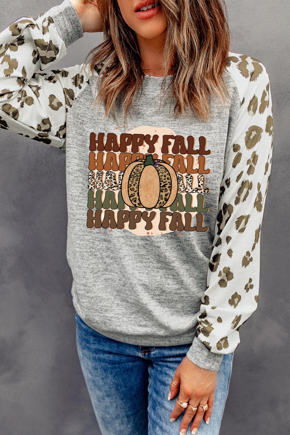 HAPPY FALL Graphic Round Neck Long Sleeve Sweatshirt BLUE ZONE PLANET