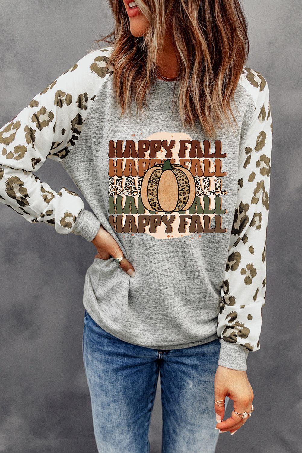 HAPPY FALL Graphic Round Neck Long Sleeve Sweatshirt BLUE ZONE PLANET