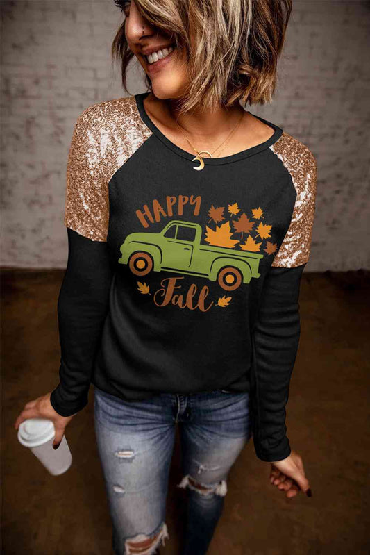 HAPPY FALL Graphic Sequin T-Shirt BLUE ZONE PLANET