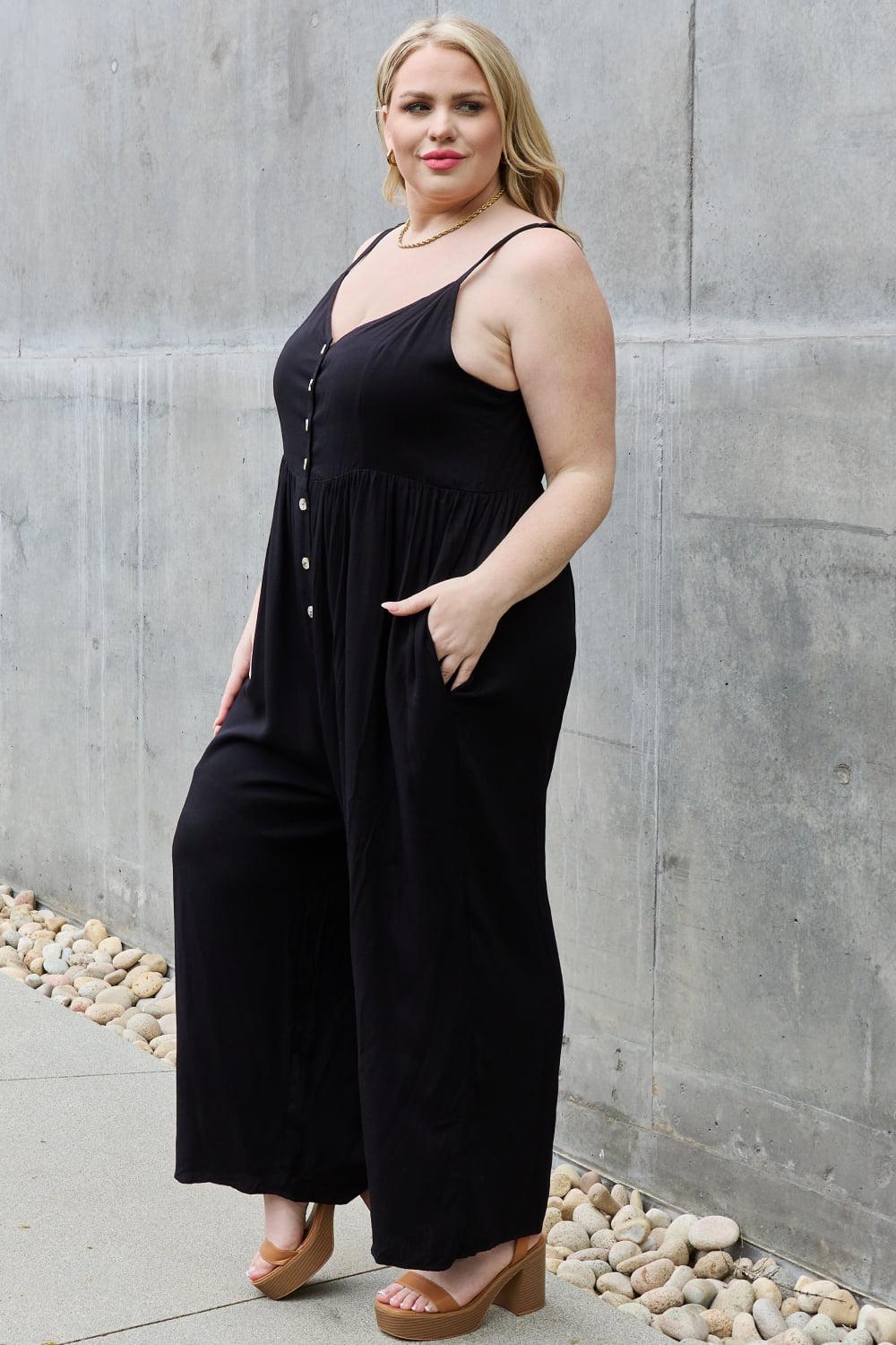 HEYSON All Day Full Size Wide Leg Button Down Jumpsuit in Black BLUE ZONE PLANET