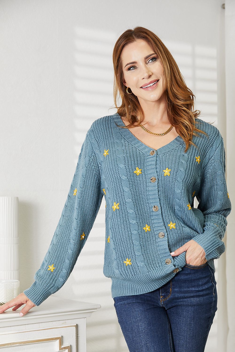 HEYSON Full Size Floral Embroidered Cable Cardigan BLUE ZONE PLANET