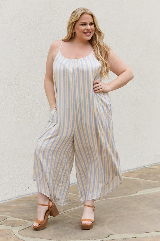 HEYSON Full Size Multi Colored Striped Jumpsuit with Pockets BLUE ZONE PLANET