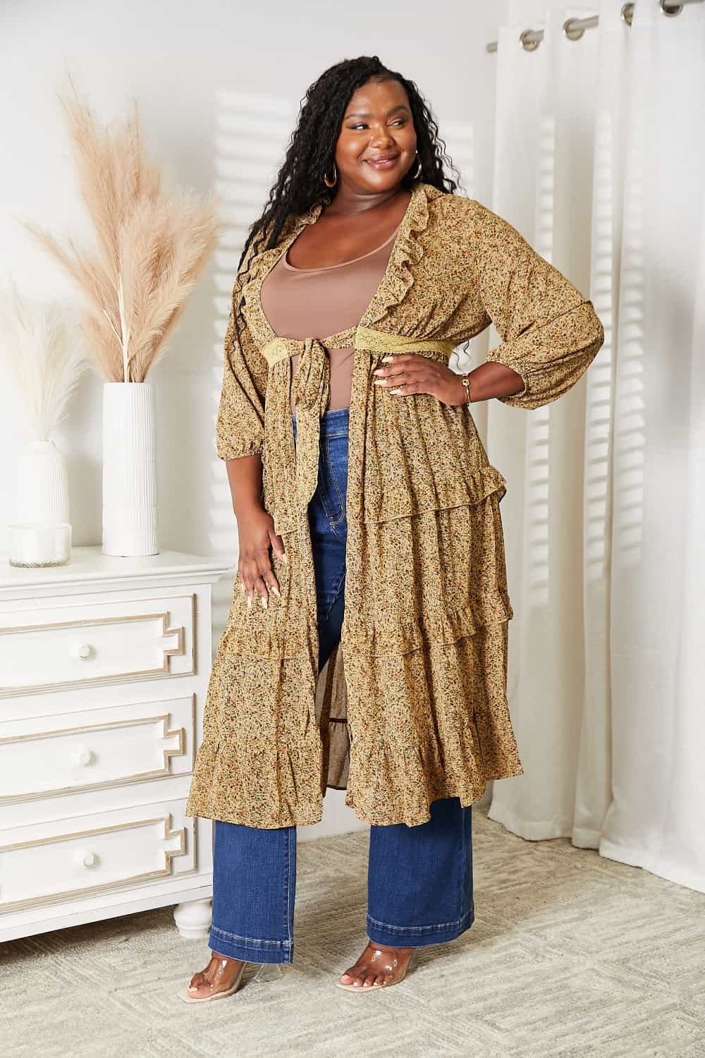 HEYSON Full Size Tie Front Ruffled Duster Cardigan BLUE ZONE PLANET