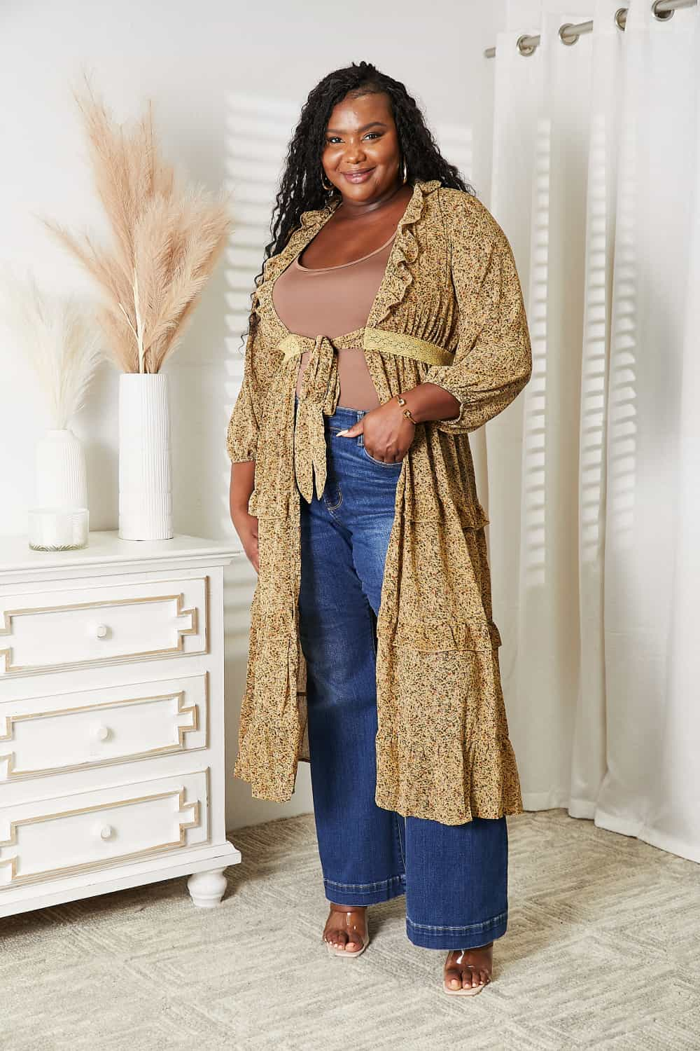 HEYSON Full Size Tie Front Ruffled Duster Cardigan BLUE ZONE PLANET