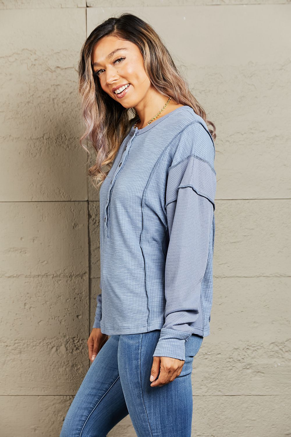 HEYSON Understand me Full Size Oversized Henley Top BLUE ZONE PLANET