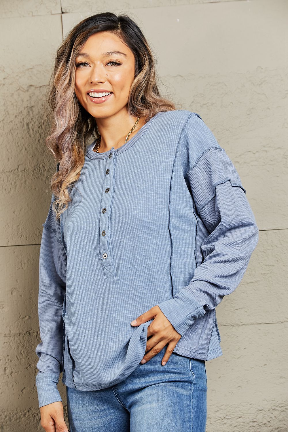 HEYSON Understand me Full Size Oversized Henley Top BLUE ZONE PLANET