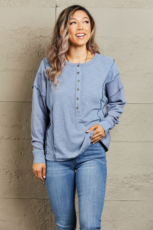 HEYSON Understand me Full Size Oversized Henley Top BLUE ZONE PLANET