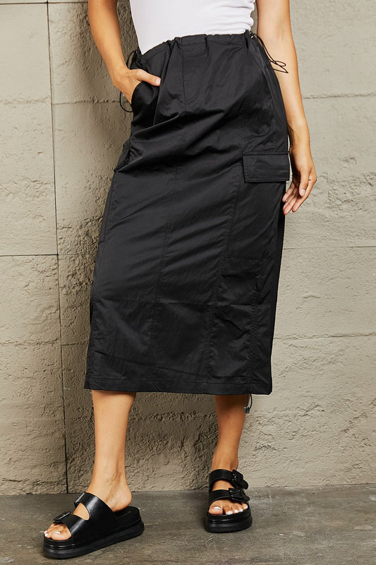 HYFVE Just In Time High Waisted Cargo Midi Skirt in Black BLUE ZONE PLANET