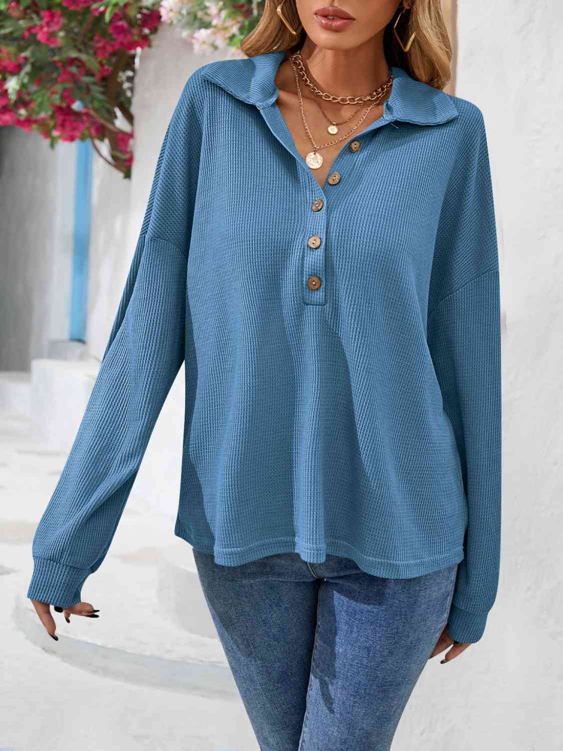 Half Button Collared Neck Long Sleeve Top BLUE ZONE PLANET