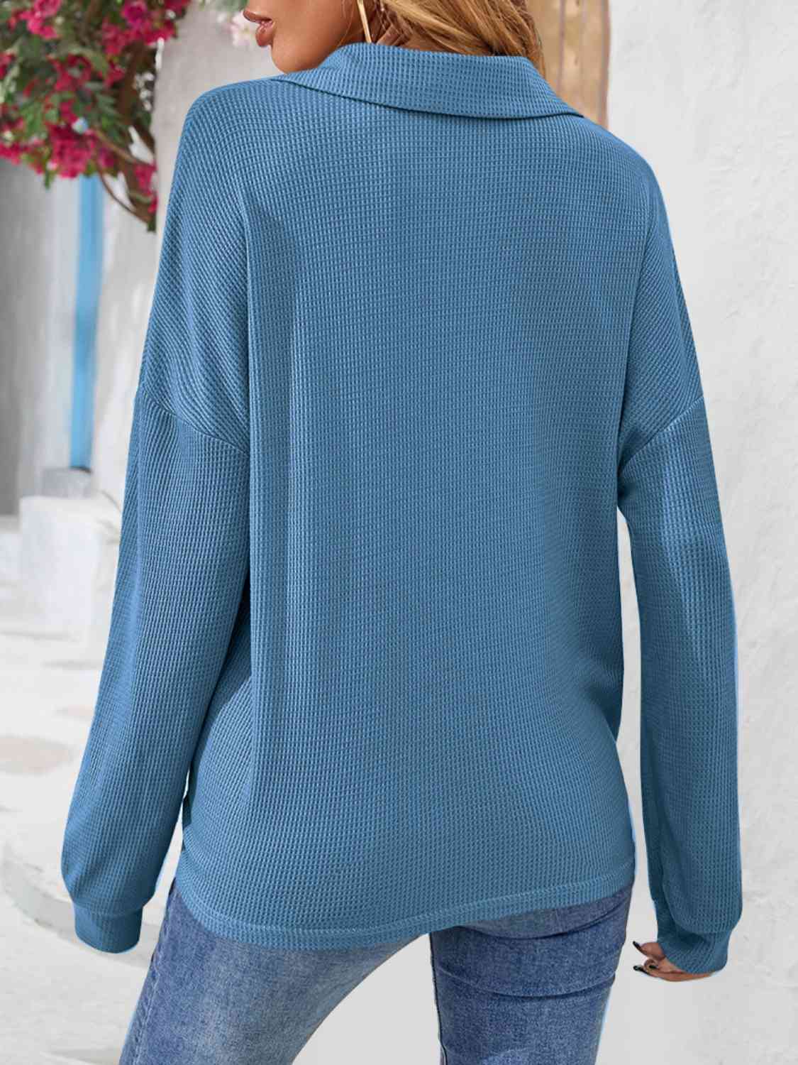 Half Button Collared Neck Long Sleeve Top BLUE ZONE PLANET