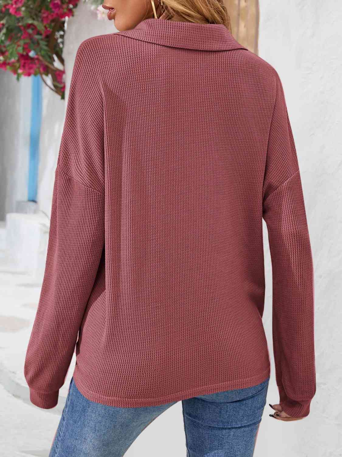 Half Button Collared Neck Long Sleeve Top BLUE ZONE PLANET