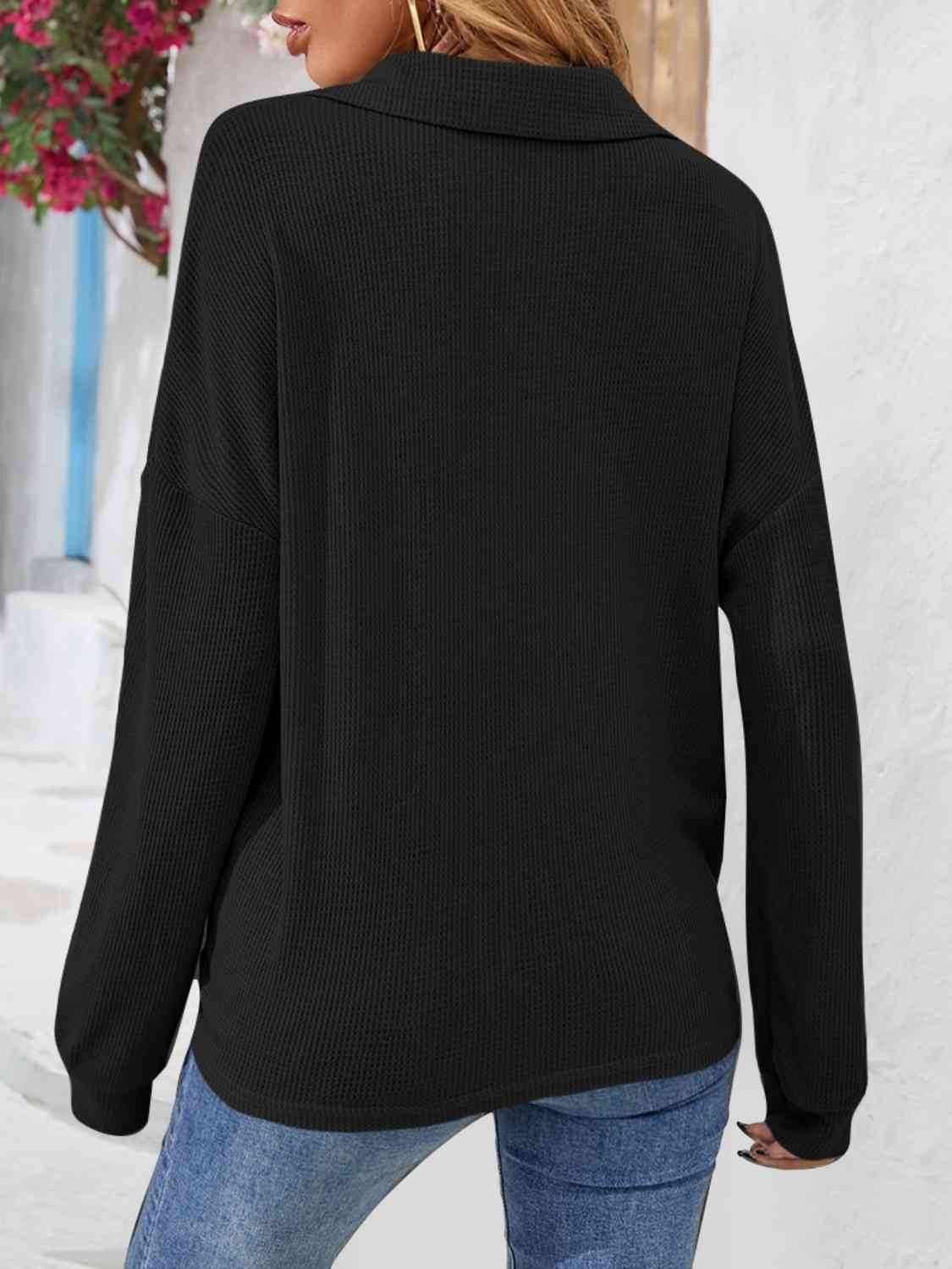 Half Button Collared Neck Long Sleeve Top BLUE ZONE PLANET