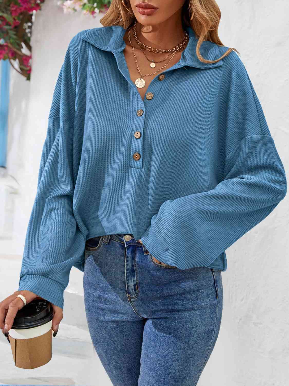 Half Button Collared Neck Long Sleeve Top BLUE ZONE PLANET