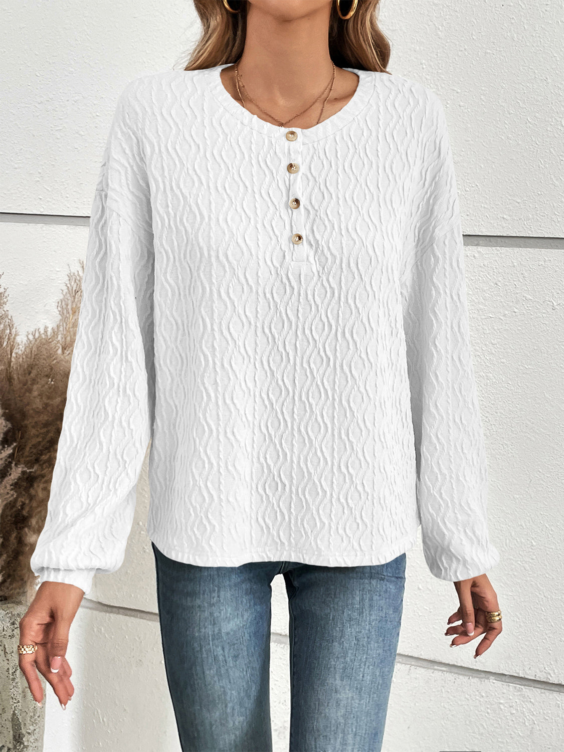 Half Button Long Sleeve Top BLUE ZONE PLANET
