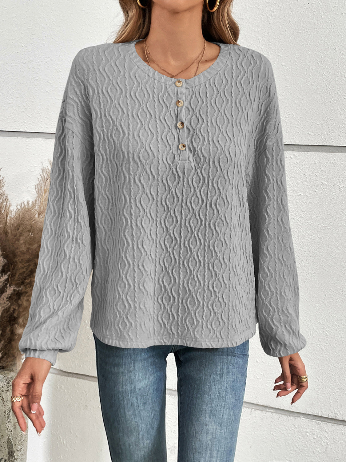 Half Button Long Sleeve Top BLUE ZONE PLANET