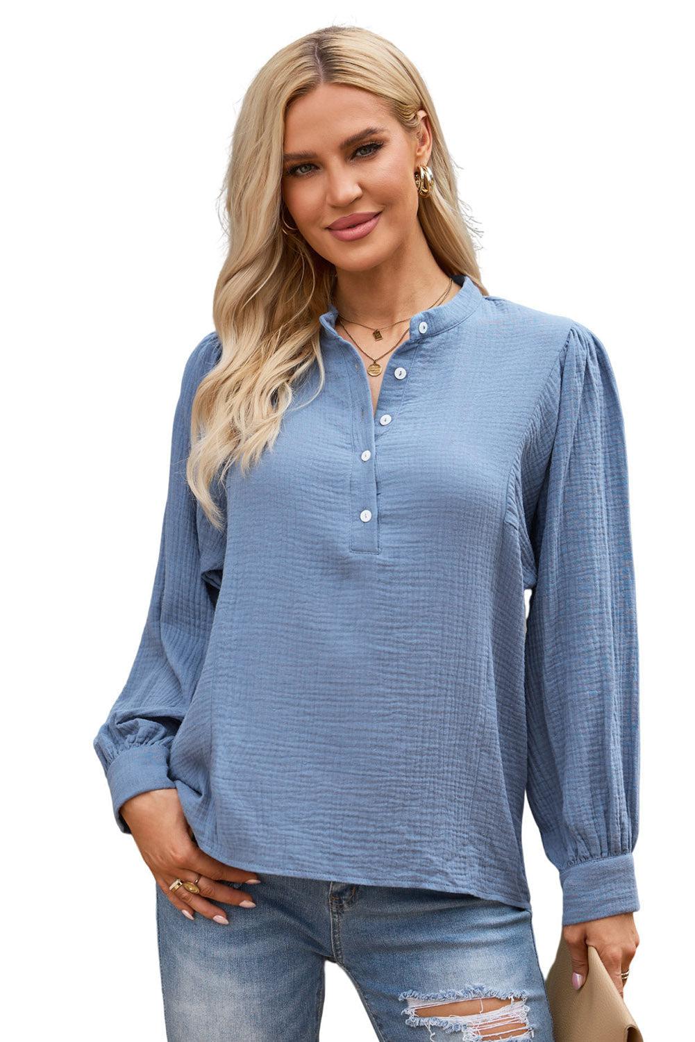 Half Button Puff Sleeve Blouse BLUE ZONE PLANET