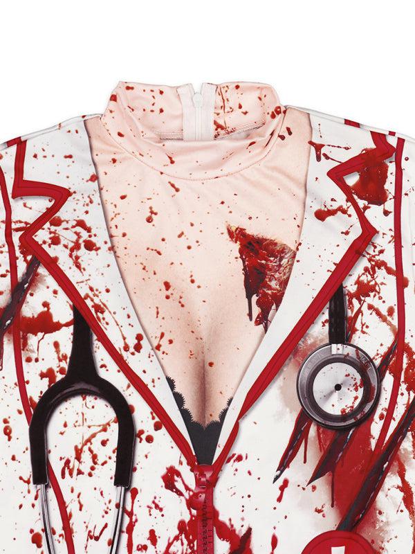 Halloween Nurse Zombie Crew Neck Slim Long Sleeve Dress BLUE ZONE PLANET