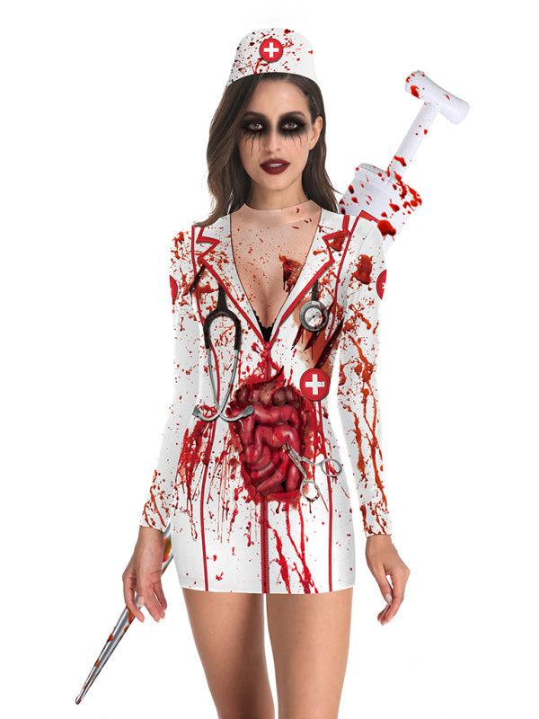 Halloween Nurse Zombie Crew Neck Slim Long Sleeve Dress BLUE ZONE PLANET