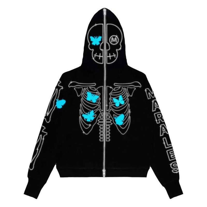 Halloween Y2K trendy rhinestone loose hooded cardigan sweatshirt BLUE ZONE PLANET