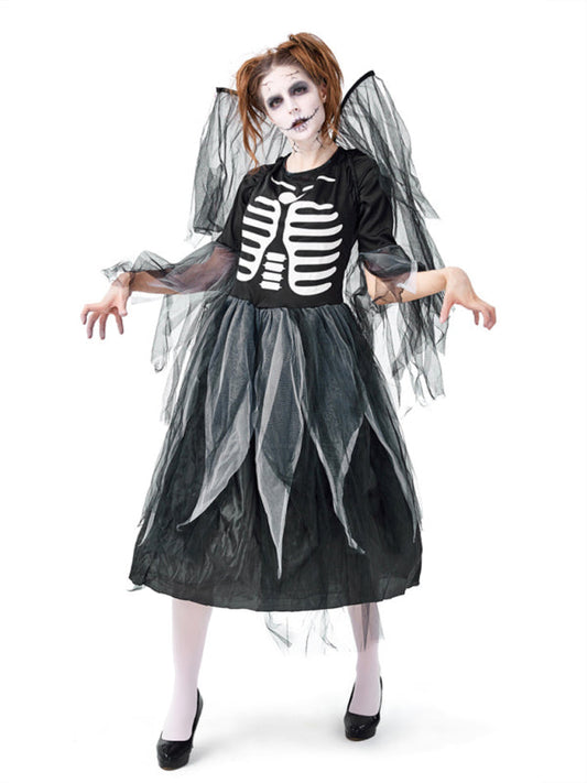 Halloween Zombie Skeleton Skeleton Print Fallen Angel Dress BLUE ZONE PLANET