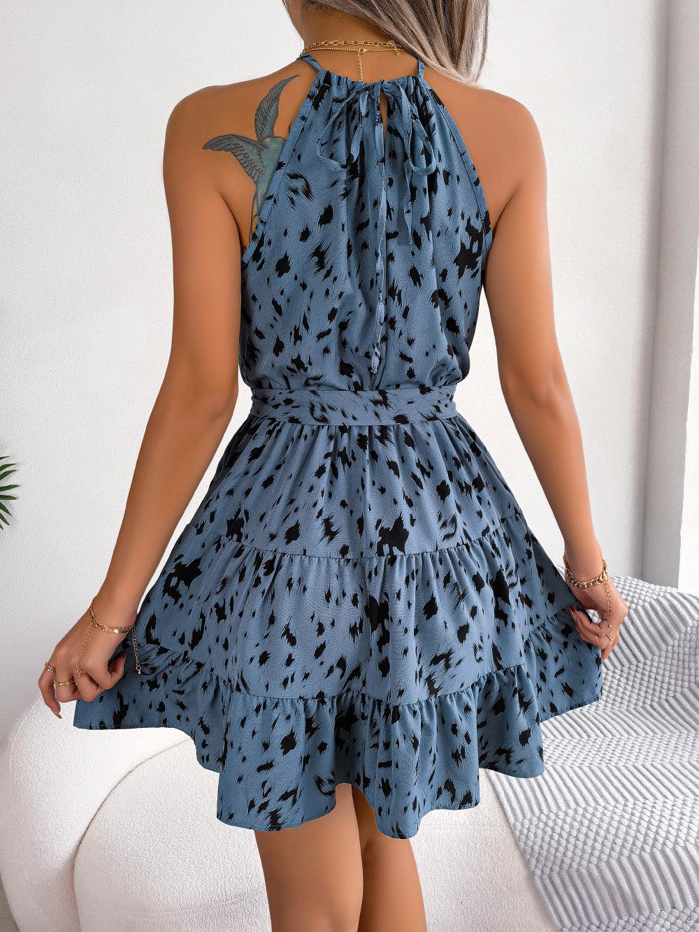 Halter Neck Printed Tie Waist Sleeveless Mini Dress BLUE ZONE PLANET