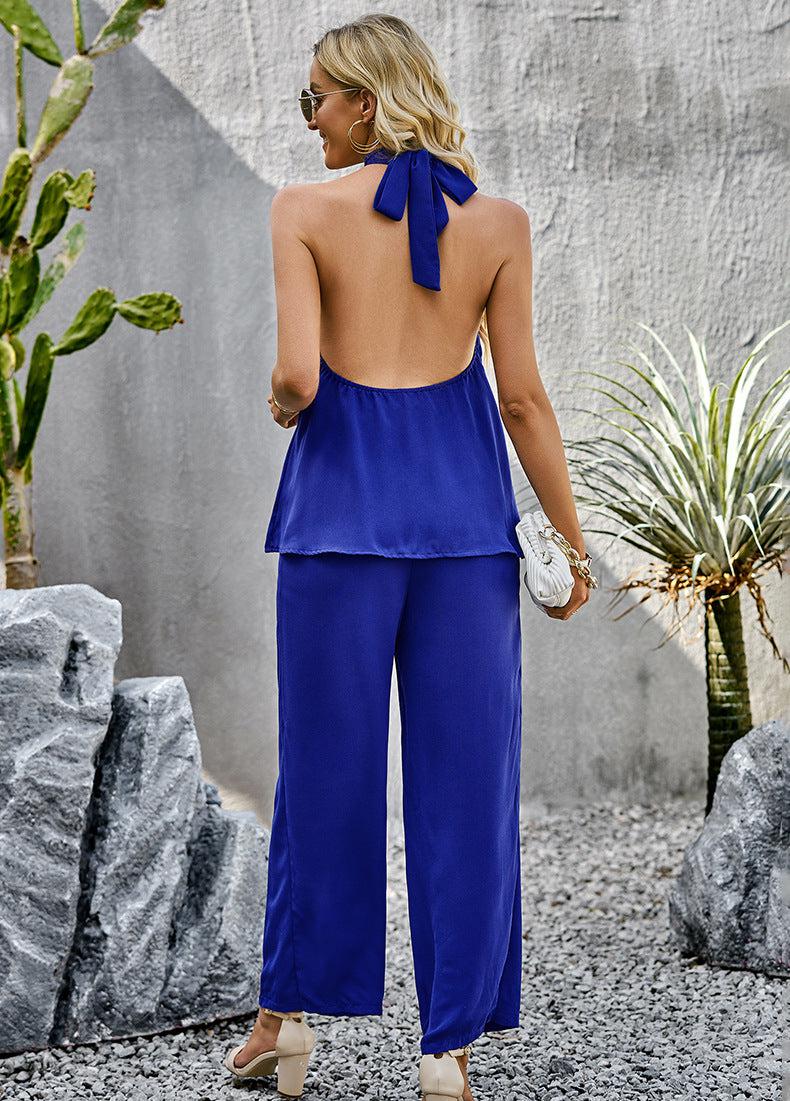 Halter Neck Top and Straight Leg Pants Set BLUE ZONE PLANET